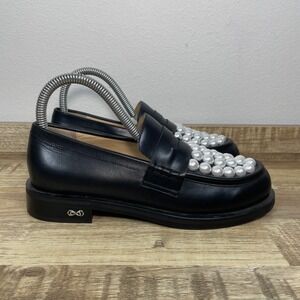 Mach & Mach Black Leather Pearl Embellished Penny Loafers Italy EU 36.5 US 6.5